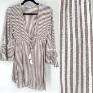 Blue island Womens Striped Pullover Beach Dress Coverup Ruffle Size XS Tan White